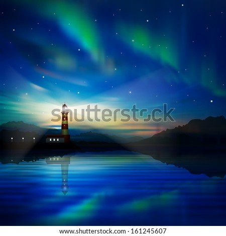 abstract nature background with lighthouse and aurora borealis