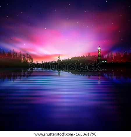 abstract nature background with pink sunrise and lighthouse