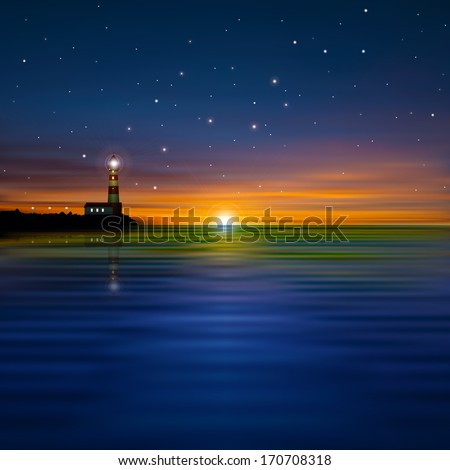 abstract dark sea background with lighthouse and sunrise