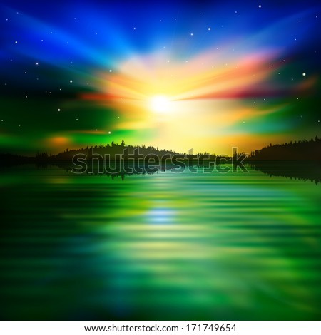 abstract nature green background with lake forest and sunrise