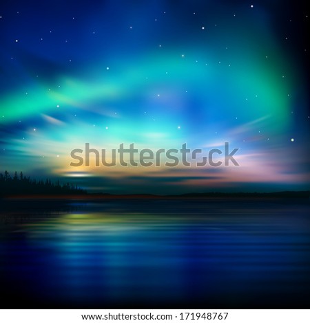abstract nature background with forest and aurora borealis