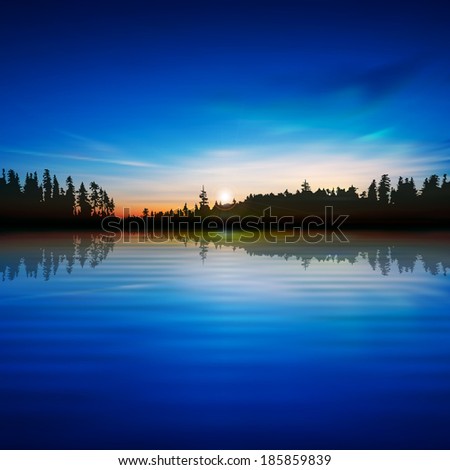 abstract blue background with sunrise and forest lake