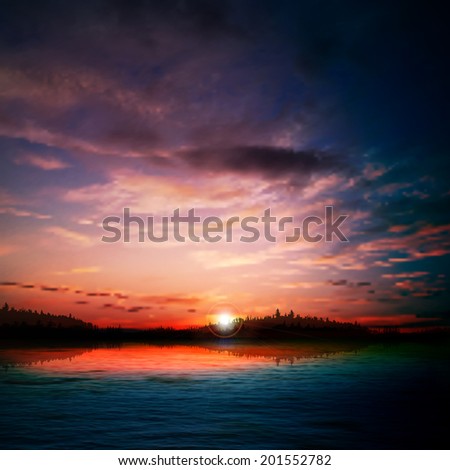 abstract nature dark background with forest lake sunrise and clouds