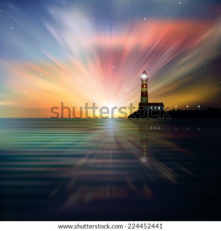 abstract sea background with lighthouse and sunrise