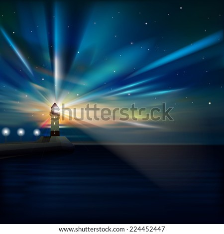 abstract sea background with sunrise and lighthouse