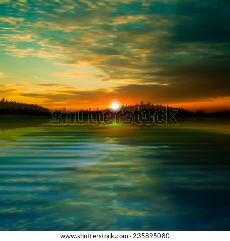 abstract nature cloud background with green forest lake and sunset