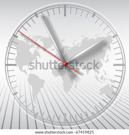 Grey clock on world map abstract background