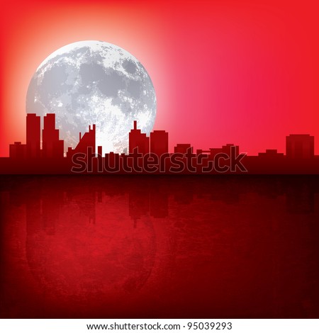 abstract red background with silhouette of city and moon