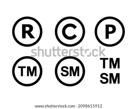 Registered. Copyright. Patent. Trade mark symbol vector set