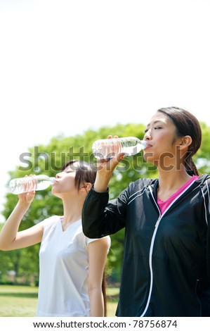 beautiful asian women drinking a bottle of water