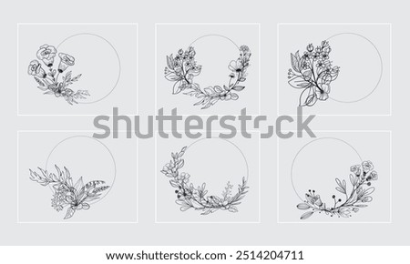 Floral branch and Hand drawn floral for logo, tattoo. Hand drawn line wedding plan, elegant leaves for invitation date card etc. Botanical all layout vector illustration