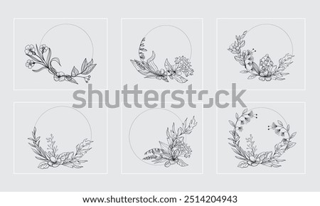 Floral branch and Hand drawn floral for logo, tattoo. Hand drawn line wedding plan, elegant leaves for invitation date card etc. Botanical all layout vector illustration