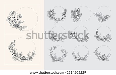 Floral branch and Hand drawn floral for logo, tattoo. Hand drawn line wedding plan, elegant leaves for invitation date card etc. Botanical all layout vector illustration