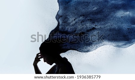 Mental Health Disorder Concept. Exhausted Depressed Female touching Forehead. Stressed Woman Silhouette photo combined with Watercolor. Depression Psychology inside her Head