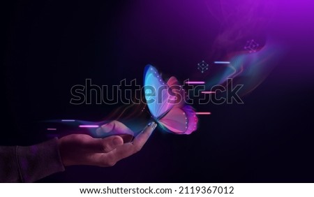 Biosensor Technology Concepts. New Experiences with Metaverse, Web3 and Blockchain. Hand Interacting with the Computer Graphic Surrealism Butterfly via Biosensor Tech Imagine de stoc © 