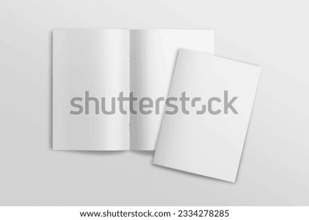 Realistic top view cover and opened portrait A4 or A5 magazine or brochure booklet for stationery and branding. Mockup template isolated light background and leaf shadow overlay. 3D rendering vector.