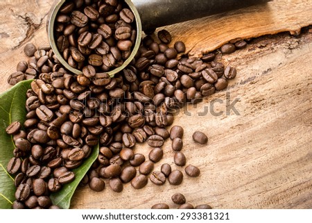 Coffee, on the old wooden table, vintage, old, wood, leaves, coffee leaves.
