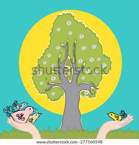 Save Trees, birds, four birds in the hands, nature protection. Ecology  design. Green landscape, tree and birds - Stock Image - Everypixel