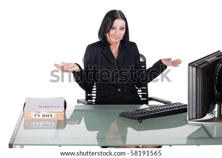 Office woman at desk shrugging
