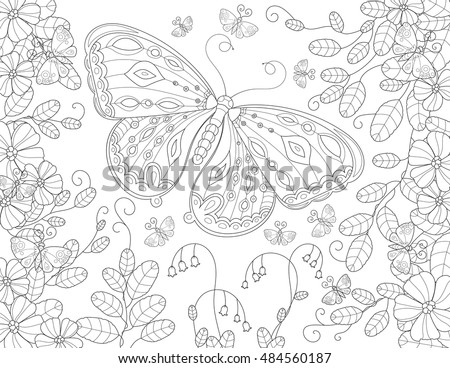 Coloring Book Page For Adult With Butterfly Flowers And Foliage Vector Black White Pattern