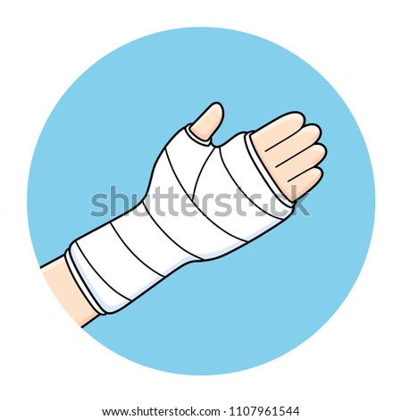 Broken arm, bone fracture, orthopedic plaster cast icon.