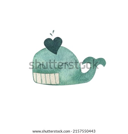 Watercolor kawaii blue whale with heart and drops in cute style