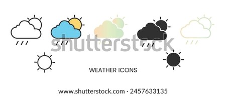 Vector weather icon, different weather icon in solid, gradient and line styles. Rain, sunny, cloudy, windy. Trendy colors. Isolated on a white background. Editable stroke