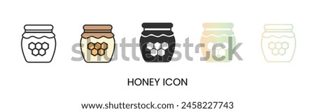 Vector honey jar icon, honeycomb icon in solid, gradient and line styles. Trendy colors. Isolated on a white background. Editable stroke