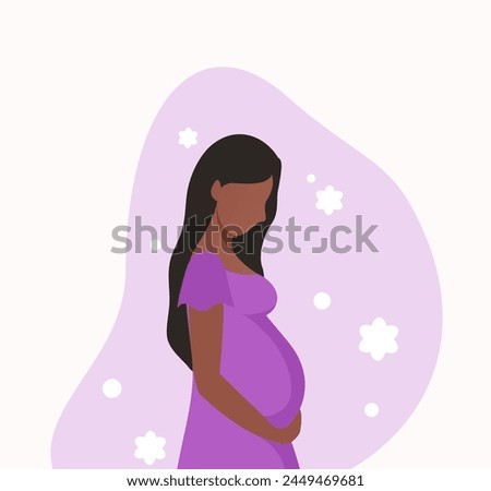 A pregnant woman in a purple dress hugs her belly with her hands. Flat vector illustration.