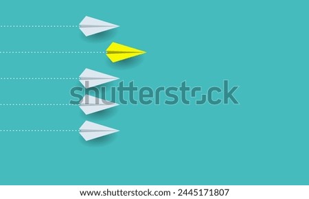 creative paper airplane illustration on blue background, think one step ahead. move further forward. innovative. competition. think different. copy space.