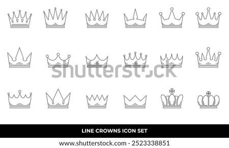 Eighteen Line crown icons symbolizing royalty, power, leadership. Perfect for logo design, web graphics, or social media posts.