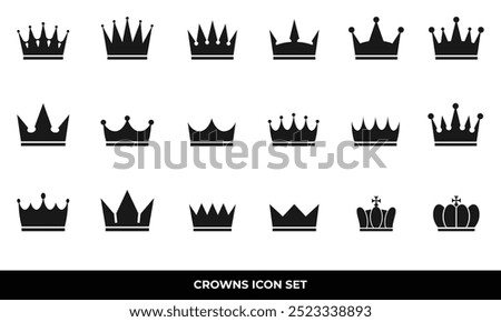 Eighteen black crown icons symbolizing royalty, power, leadership. Perfect for logo design, web graphics, or social media posts.