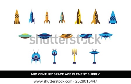 Mid-Century Space Age Icon set Illustrations, featuring retro-futuristic designs perfect for vintage and sci-fi themes