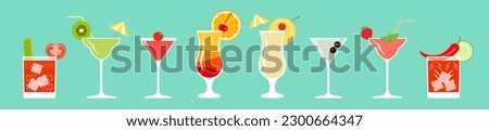 Cocktail set - sunrise, pina colada, daiquiri, bacardi, green parrot, bloody mary, martini with olives.
