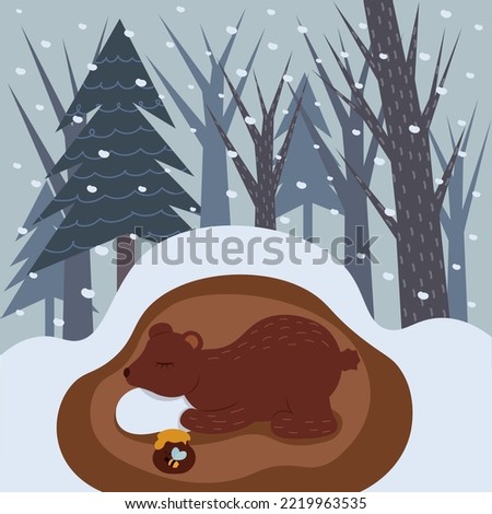 The bear sleeps in a hole on a pillow with a pot of honey flat design. Includes a bear in hibernation and a winter forest on a background with doodle elements.