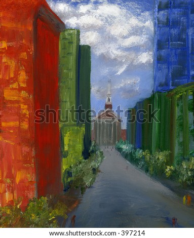 Abstract scene of a city with a church at the end of the street, originally an oil painting by the photographer, Lenora.