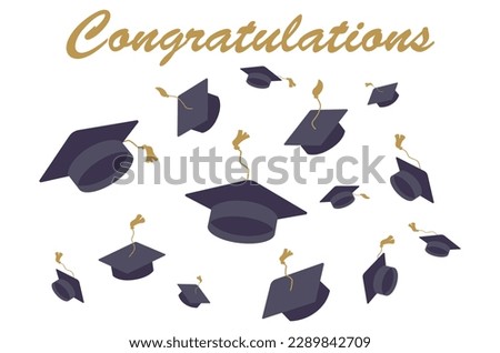 University mortarboards  and word GRADUATION throwing tradition flat illustratio. College, school graduation ceremony. Academic hats with tassels. Higher education, bachelor, master degree.