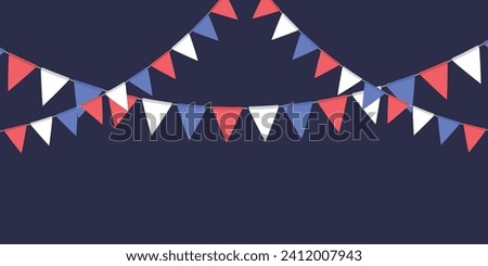 White, blue and red flag garland. Triangle pennants chain. Party decoration. Celebration flags for decor. Vector illustration  