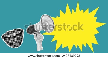 Female mouth shouting with megaphone announcing crazy promotions. Modern minimal style for poster, banner.Vector illustration