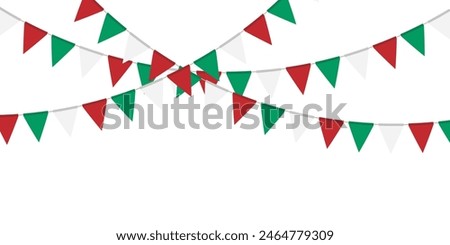 Green, white and red flag garland. Triangle pennants chain. Party decoration. Celebration flags for decor. Vector illustration  