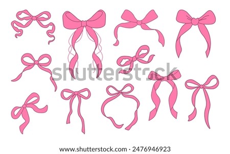 Set of pink bows. Bowknots for hair decor. Trendy girls hair braiding accessories. Vector Illustration