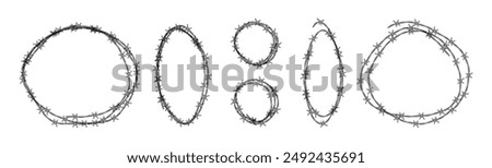 Set of barbed wire frames with different shapes. Concept of protection, danger or security. Hand drawn in sketch style. Vector illustration