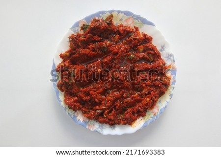 Spicy Turkish salsa (ezme) appetizer prepared with tomatoes, pomegranate molasses, garlic, red pepper, green pepper,  sumac, olive oil Stok fotoğraf © 