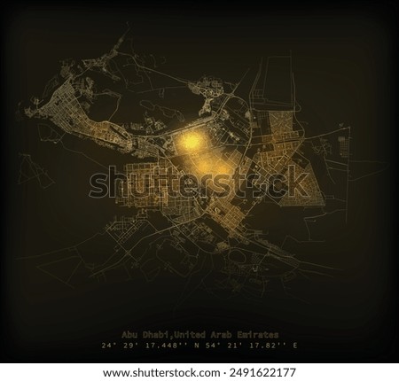 Abu Dhabi,United Arab Emirates,street lights map. Satellite view on modern city at night. Imitation of aerial view on roads network. vector image