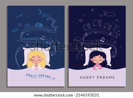 A girl falls asleep, dreams, listen music and counts sheep. Сhildren's song for a child. The girl is lying on the bed, notes and clouds around. Around the stars and dark sky. Flat vector illustration.