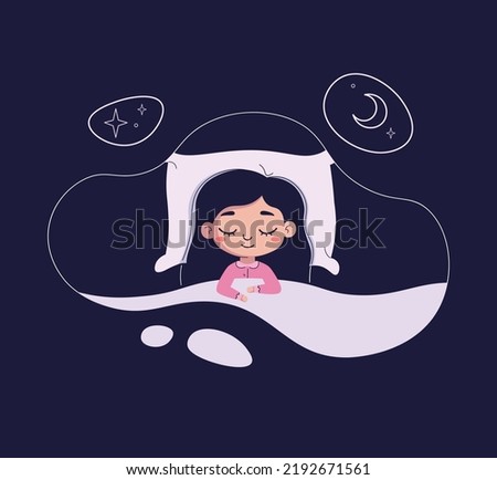 A good night's sleep banner. Sleepy girl is fast asleep, lying in the bed under soft duvet. Sleep tight, snoozing, slumbering, reposing, resting concept. Flat vector illustration Photo stock © 