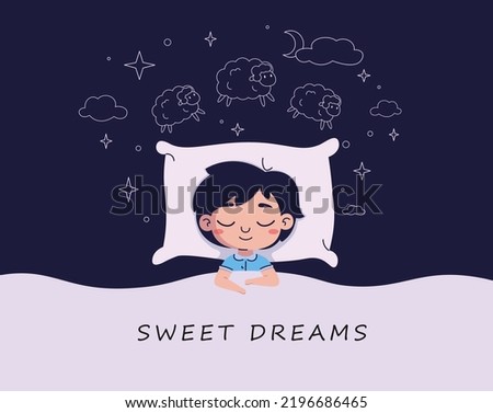 Sweet dreams banner. Happy little boy is fast asleep, having a good dream. The child is lying in the bed under soft blanket and healthy sleeping. Healthy sleep. Flat vector illustration.
Sweet dreams 