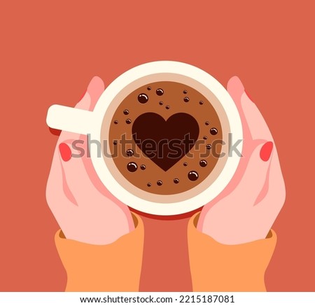 Vector illustration of female hands holding a cup of coffee with foam. Top view of a table in a cafe. Warm time in autumn. Hot coffee with a heart.