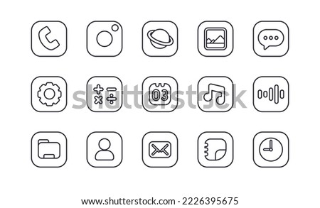 Phone web icons set. Most important vector icons set on white isolated background. Illustration of linear and modern icons: call, music, internet, calendar, camera, etc.