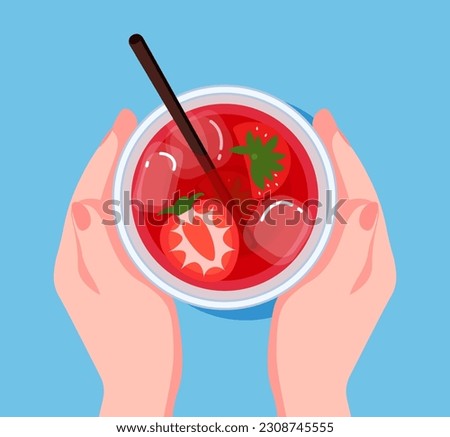 Vector illustration of female hands holding a strawberry cocktail with ice and a straw. Top view of the table in the bar. Summer refreshing drink. Cold berry juice.